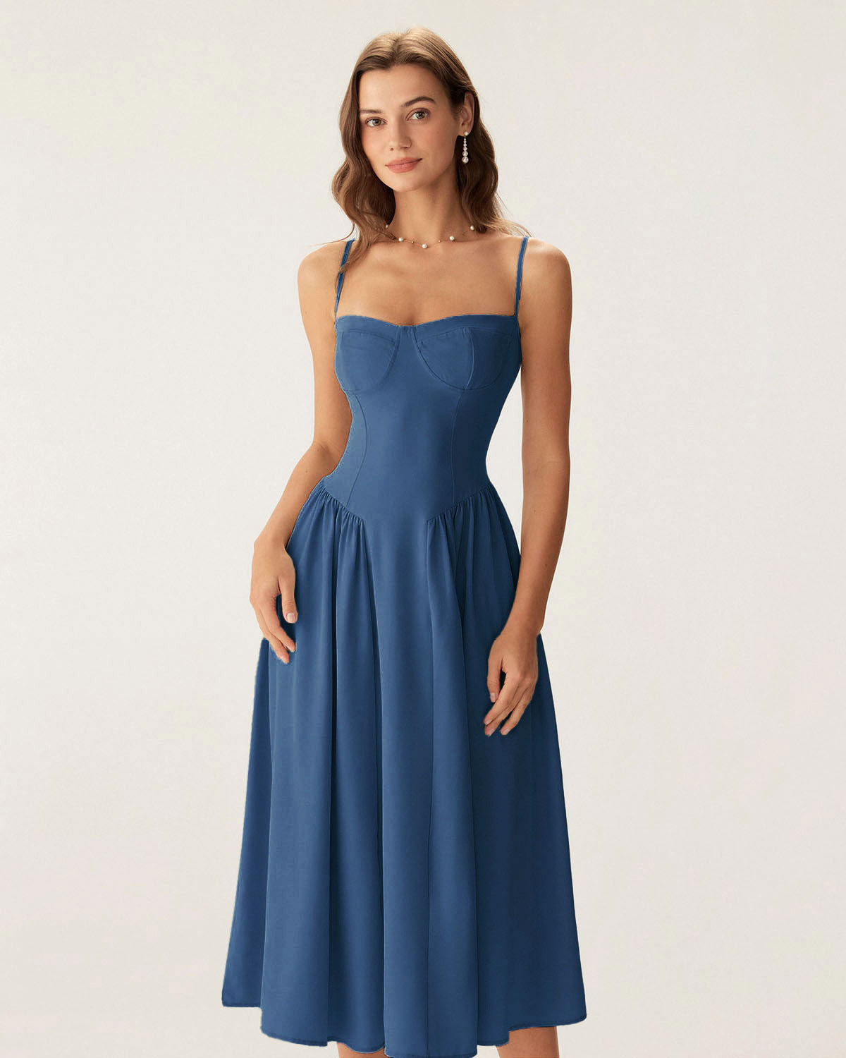 Navy Square Neck Pocket Slip Midi Dress - Threadford
