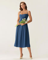 Navy Square Neck Pocket Slip Midi Dress - Threadford