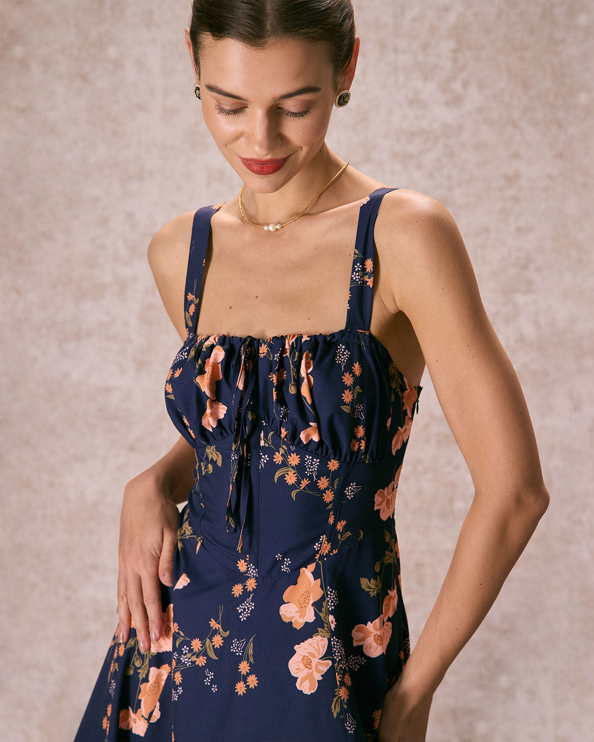 The Navy Lace Up Floral Ruched Midi Dress - Threadford