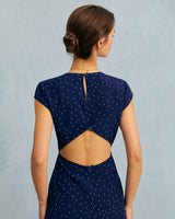 The Navy Round Neck Polka Dot Cutout Midi Dress - Threadford