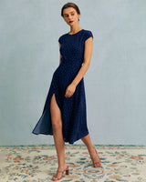 The Navy Round Neck Polka Dot Cutout Midi Dress - Threadford