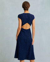 The Navy Round Neck Polka Dot Cutout Midi Dress - Threadford
