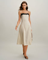 White Lace Contrasting Slip Midi Dress - Threadford