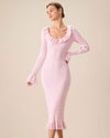 Women's Pink U-Neck Ruffle Bodycon Sweater Dress - Threadford