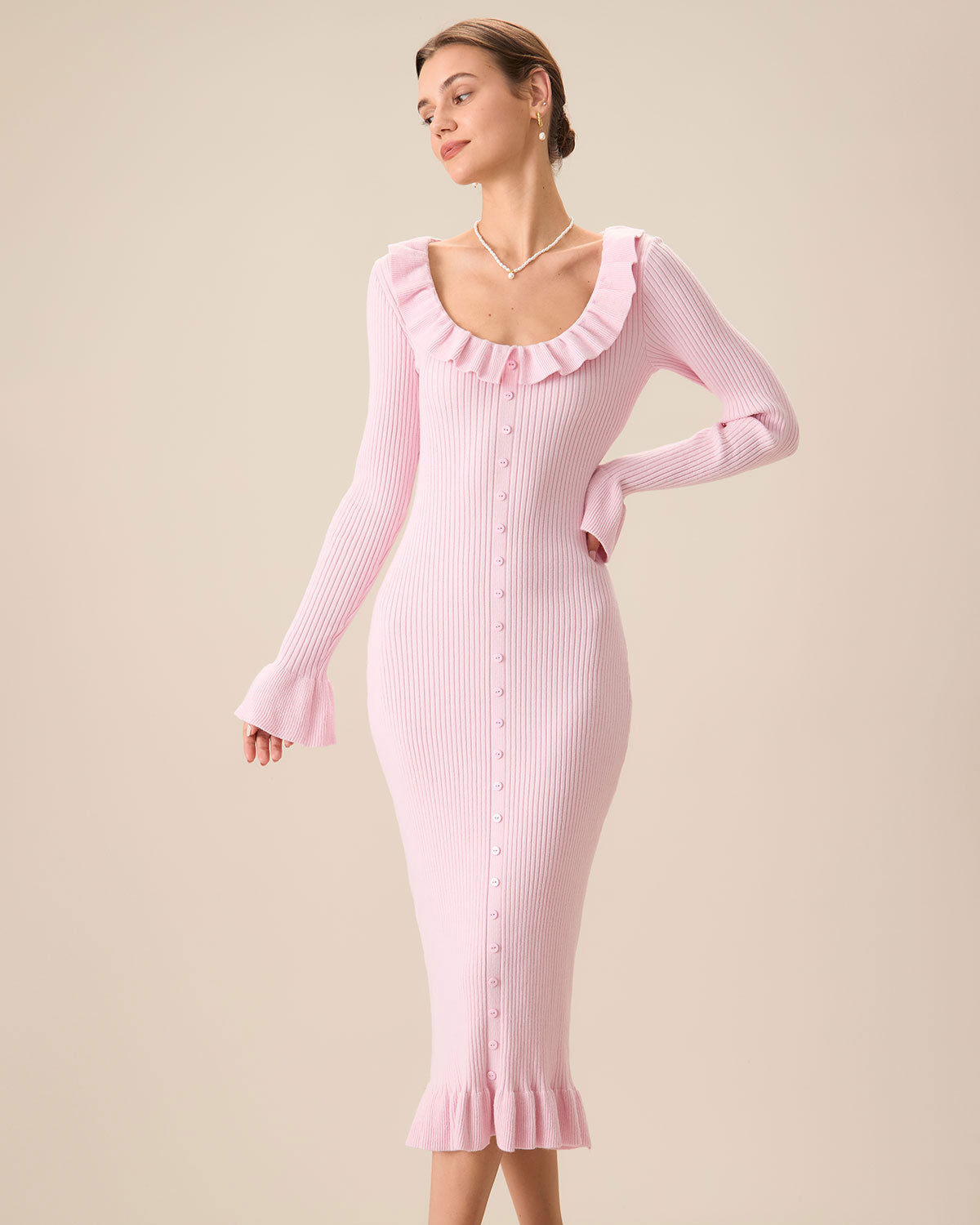 Women's Pink U-Neck Ruffle Bodycon Sweater Dress - Threadford