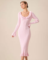 Women's Pink U-Neck Ruffle Bodycon Sweater Dress - Threadford
