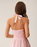 Pink Embroidery Halter Midi Dress - Threadford
