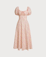 Pink Floral Square Neck Puffed Sleeve Midi Dress - Threadford