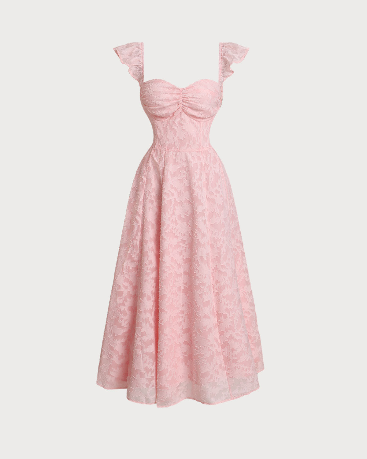 Pink Jacquard Ruched Square Neck Midi Dress - Threadford