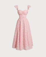 Pink Jacquard Ruched Square Neck Midi Dress - Threadford