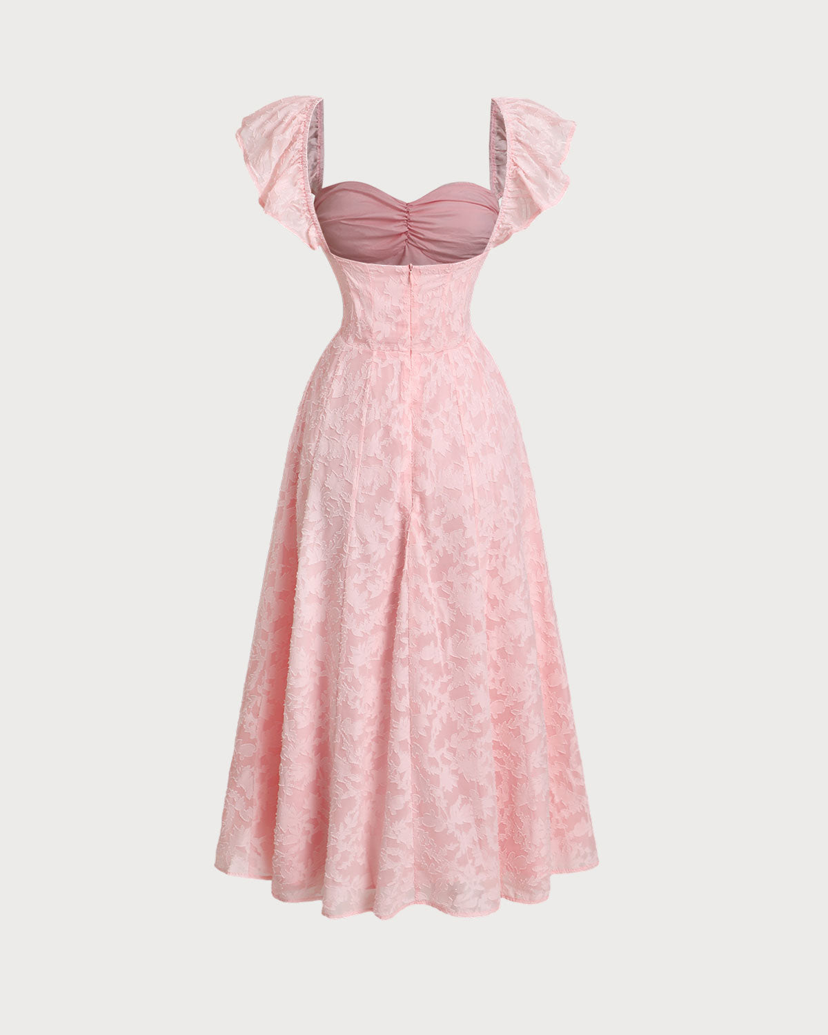 Pink Jacquard Ruched Square Neck Midi Dress - Threadford