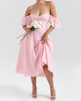 Pink Jacquard Ruched Square Neck Midi Dress - Threadford