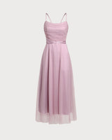 Pink Mesh Flowy Slip Midi Dress - Threadford