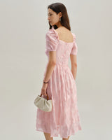 Pink Square Neck Puffed Sleeve Midi Dress - Threadford