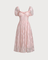 Pink Square Neck Puffed Sleeve Midi Dress - Threadford