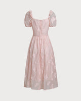 Pink Square Neck Puffed Sleeve Midi Dress - Threadford