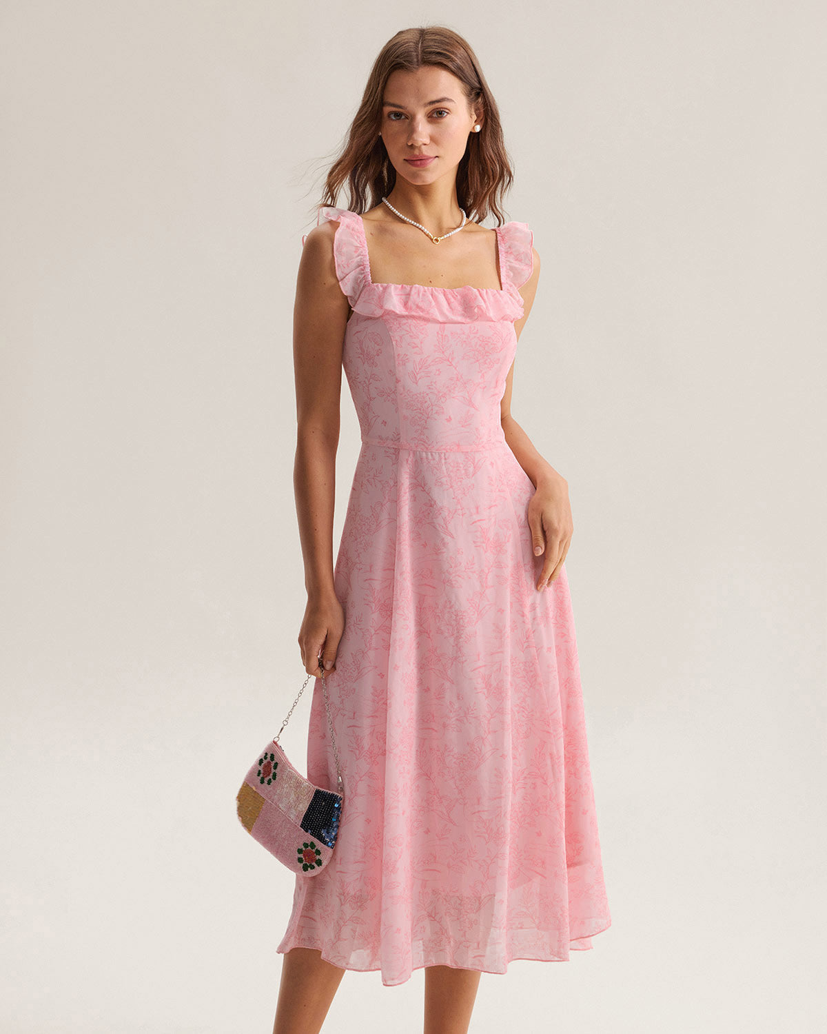Pink Square Neck Ruffle Midi Dress - Threadford