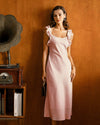 Pink Square Neck Ruffle Satin Midi Dress - Threadford