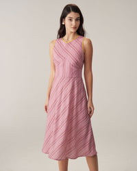 Pink Striped V Neck Sleeveless Midi Dresses