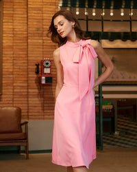 Pink Turtleneck Bowknot Satin Midi Dress