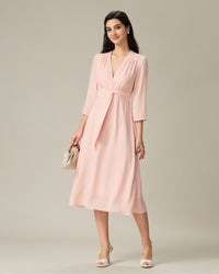 Pink V-Neck Pleated Midi Dress