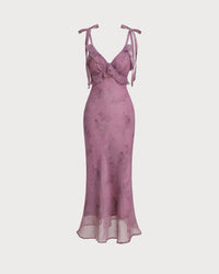 Purple Floral Ruffle Tie Strap Midi Dress