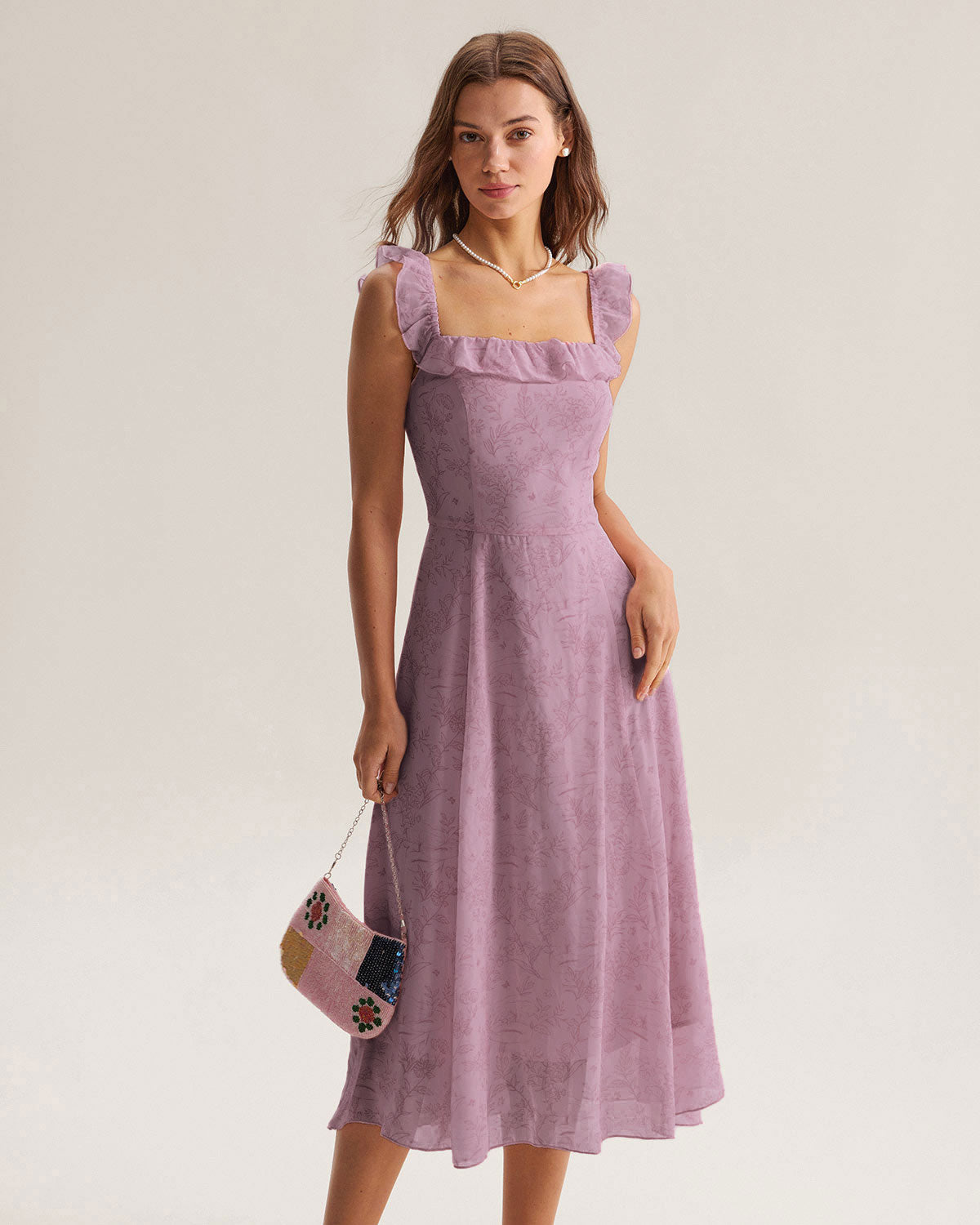 Purple Floral Square Neck Ruffle Slip Midi Dress - Threadford