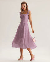 Purple Floral Square Neck Ruffle Slip Midi Dress - Threadford