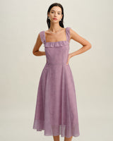 Purple Floral Square Neck Ruffle Slip Midi Dress - Threadford