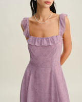 Purple Floral Square Neck Ruffle Slip Midi Dress - Threadford