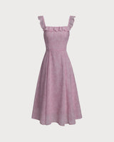 Purple Floral Square Neck Ruffle Slip Midi Dress - Threadford