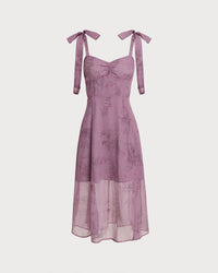 Purple Floral Tie Strap Midi Dress