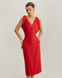 Red V Neck Sleeveless Midi Dress
