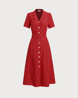 Red Belted A-Line Midi Dress - Threadford