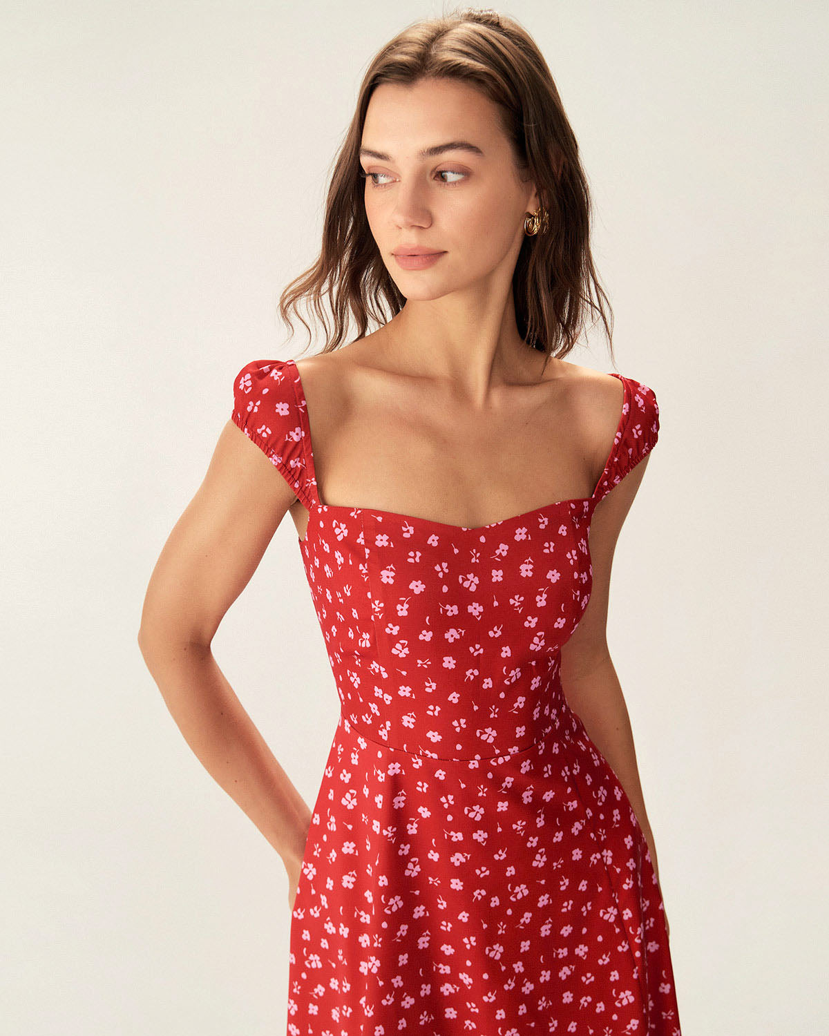 Red Floral Sweetheart Neck Cap Sleeve Midi Dress - Threadford