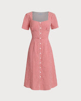 Red Plaid Square Neck Midi Dress - Threadford