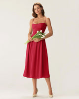 Red Square Neck Pocket Slip Midi Dress - Threadford
