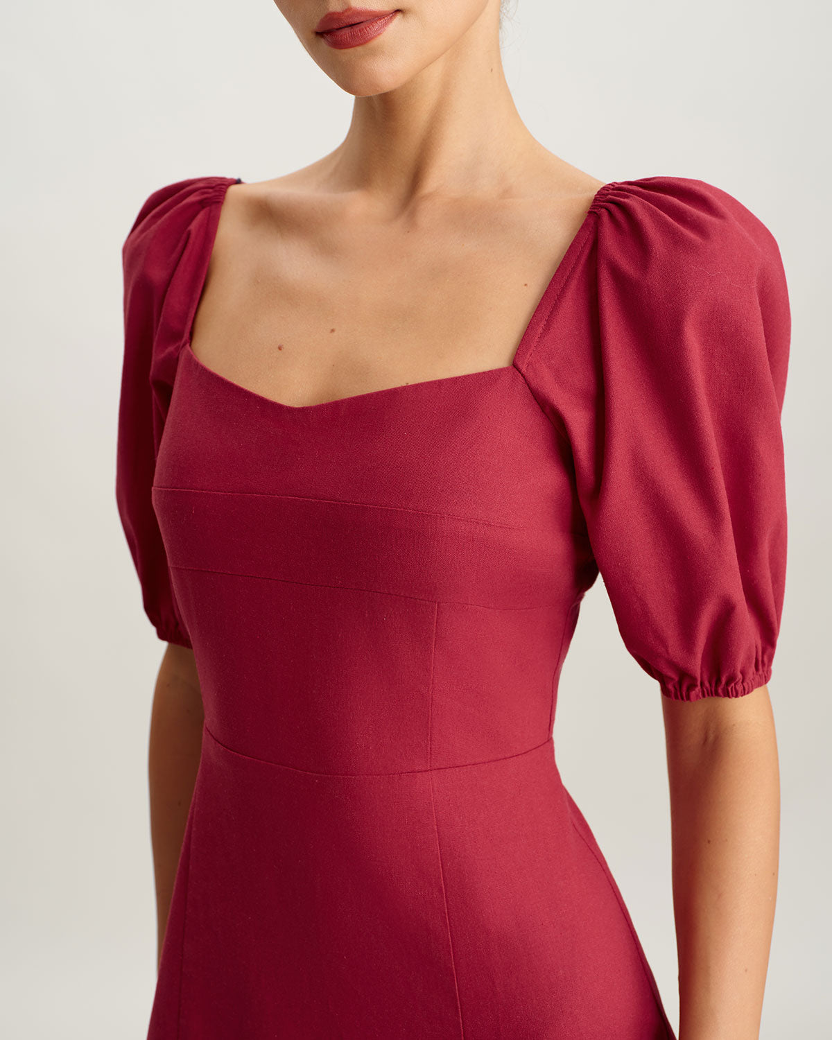 Red Square Neck Shirred Midi Dress - Threadford