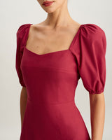 Red Square Neck Shirred Midi Dress - Threadford