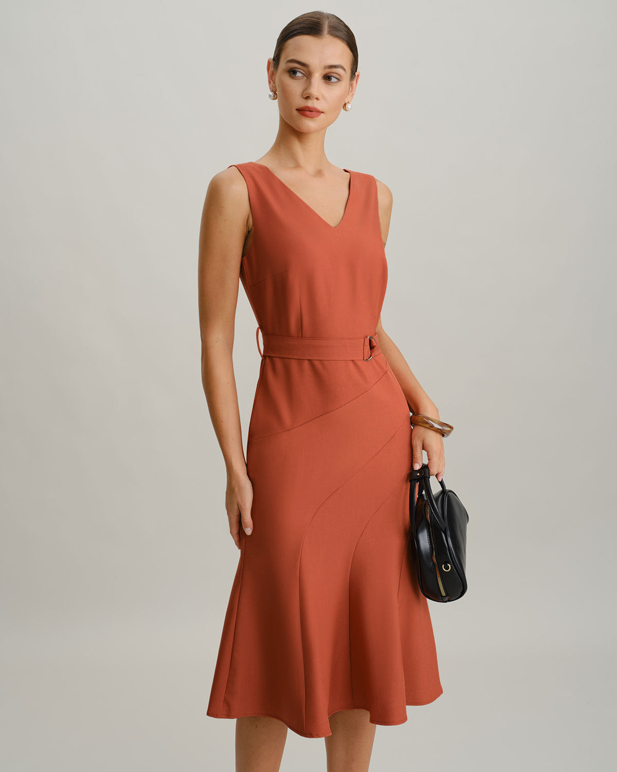 Red V Neck Mermaid Sleeveless Midi Dress - Threadford