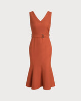 Red V Neck Mermaid Sleeveless Midi Dress - Threadford