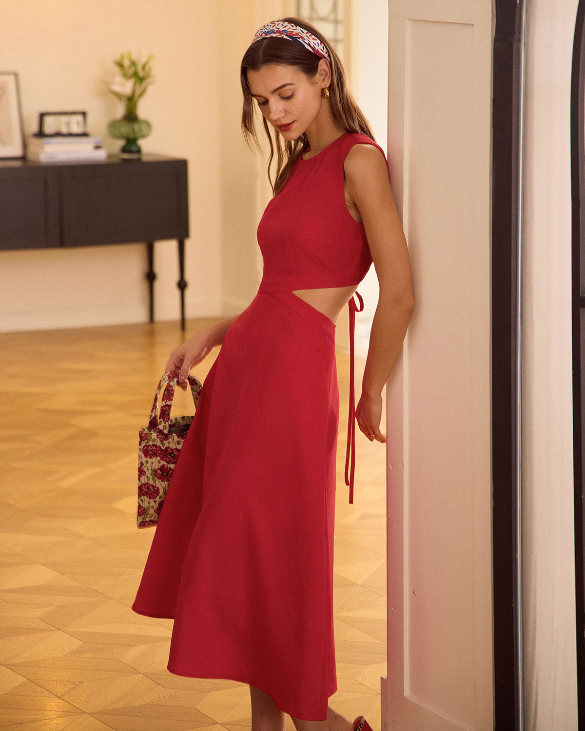 The Red Round Neck Cut-Out Midi Dress - Threadford