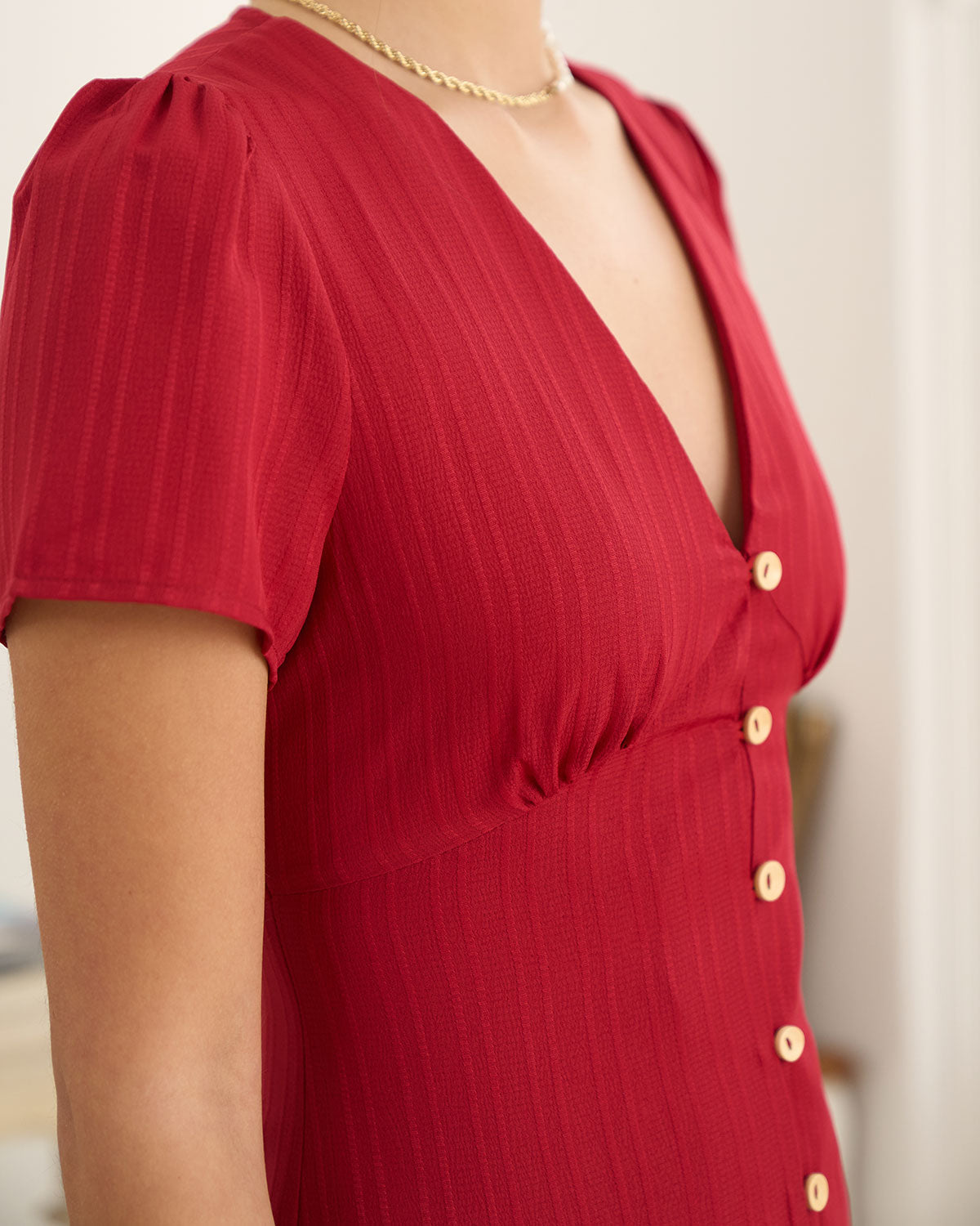 The Red V Neck Shirred Puff Sleeve Midi Dress - Threadford
