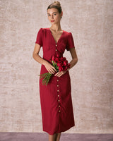 The Red V Neck Shirred Puff Sleeve Midi Dress - Threadford