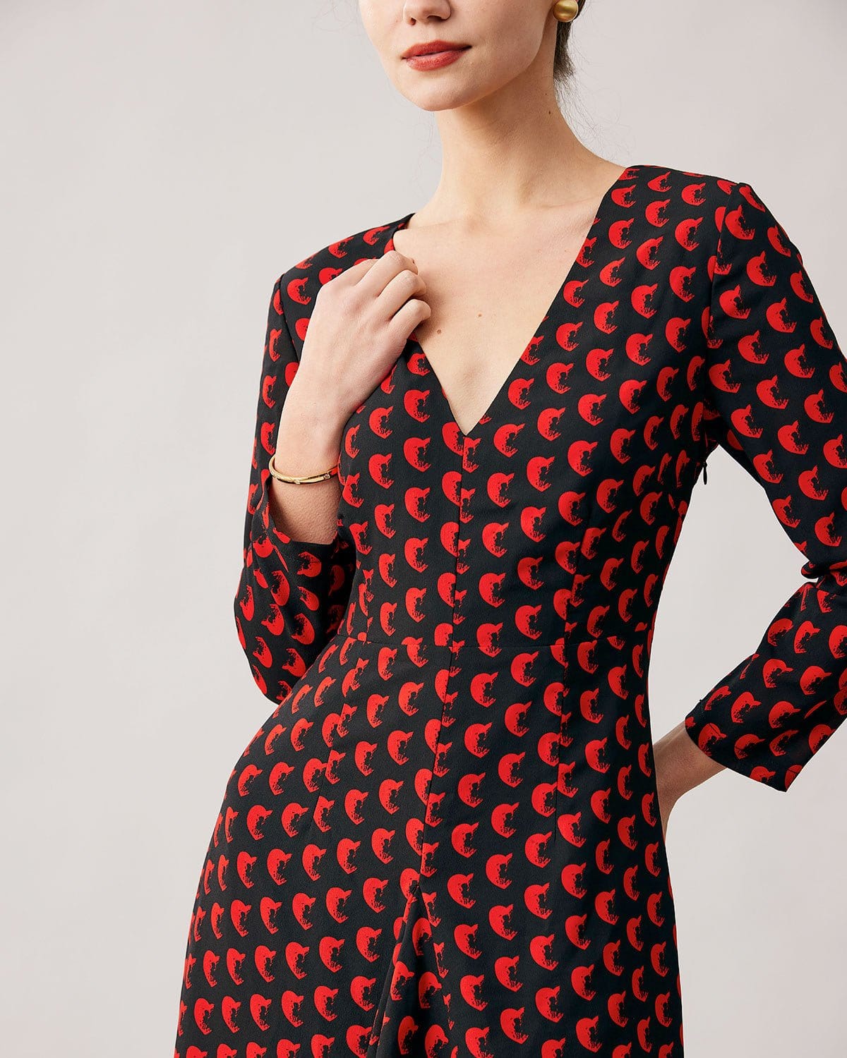 The Red V Neck Slit Long Sleeve Midi Dress - Threadford