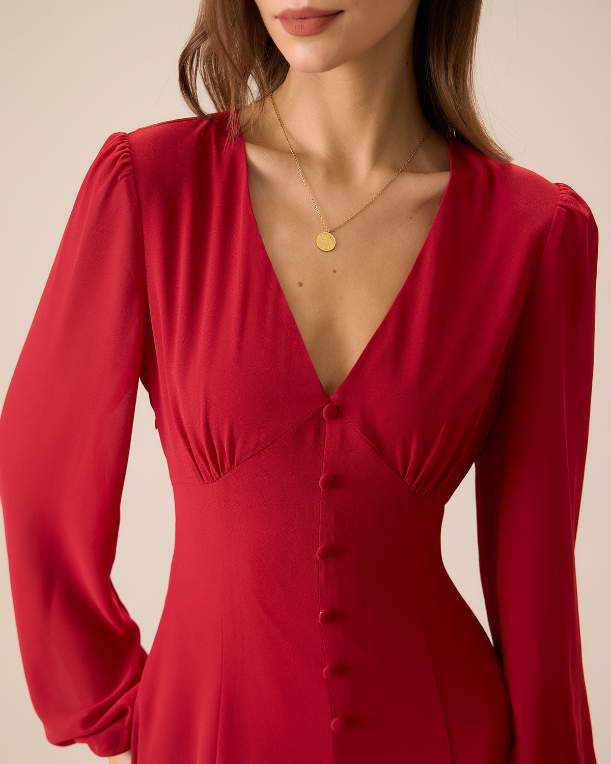 Women's Red V-Neck Puff Sleeve Slit Midi Dress - Threadford