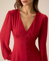 Women's Red V-Neck Puff Sleeve Slit Midi Dress - Threadford