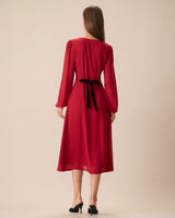 Women's Red V-Neck Puff Sleeve Slit Midi Dress - Threadford