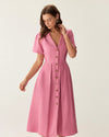 Rose Red V-Neck Button Midi Dress - Threadford