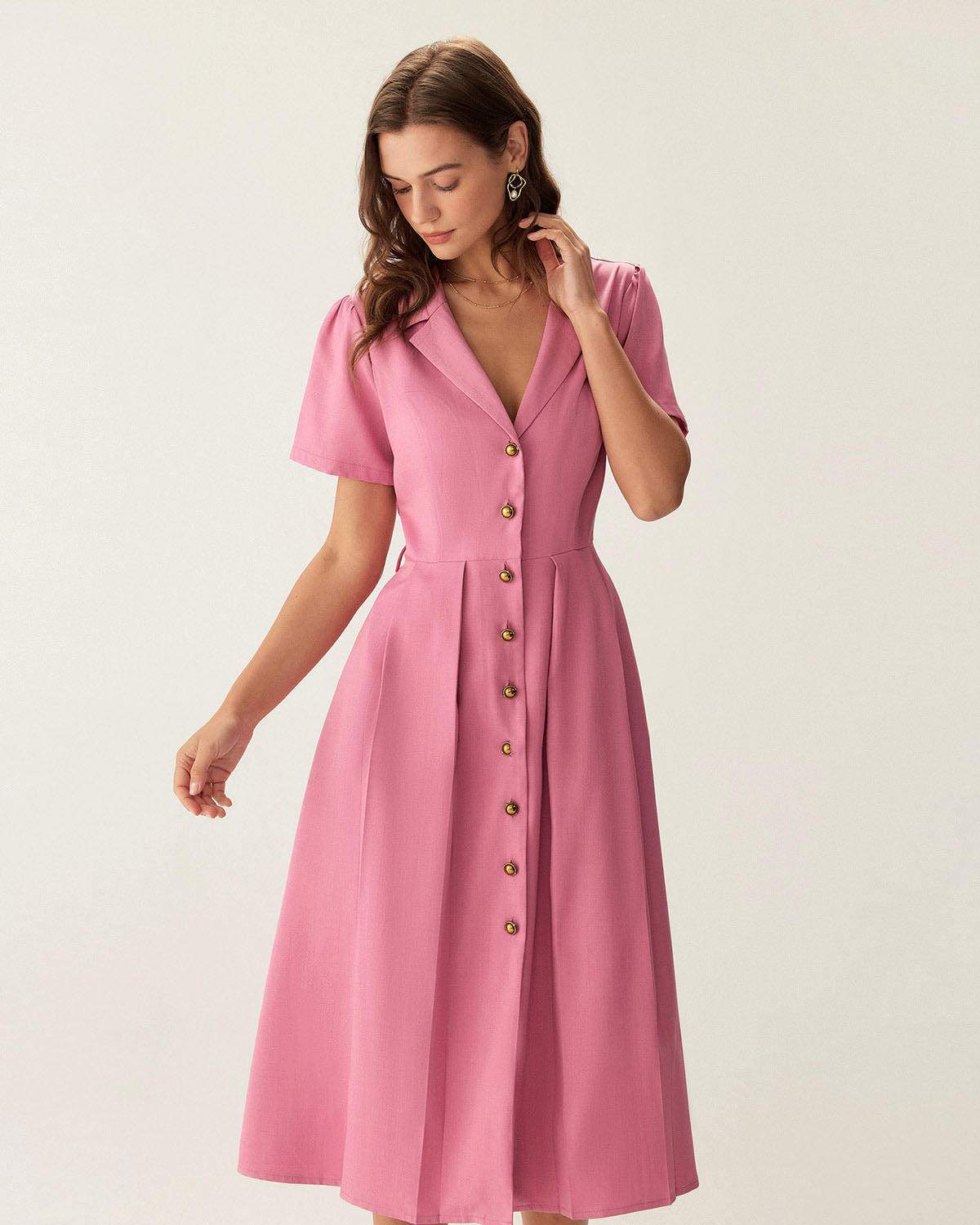 Rose Red V-Neck Button Midi Dress - Threadford